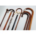 Eight various walking sticks, one with silver ball finial and one with ivory handle.