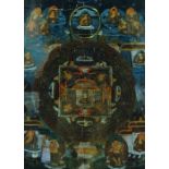 Two Tibetan thangka's decorated with deities in shrines, numerous figures, lotus flowers and cloud