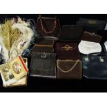 Ten various Art Deco and later evening bags, together with vintage feathers and a box of postcards.