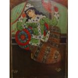 A Qajar School early 20th century oil on canvas of a courtesan holding a fan, with calligraphy,