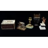 A late 19th century Indian Sadeli ivory and inlaid games box, together with a bronze modelled as the