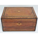 A 19th century walnut writing slope/work box with chequer inlaid borders with pink silk interior,