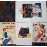 1950s advertising poster proofs for Vimto, Ty-Phoo Tea, Blood-Iron Phosphate and The Turkey Match,