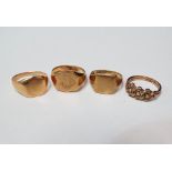 Three 9ct gold signet rings, together with a 9ct gold ropelink ring, weight 18g.