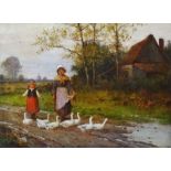 19th Century Continental School Bringing Home The Geese Oil on canvas Framed Picture size 29 x 39cm