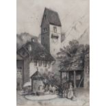 E. MILLINGTON (XIX) Courtyard Scene Pencil on paper Signed and dated 1885 Framed and glazed