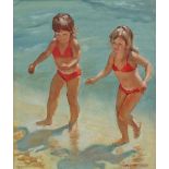 ANN SHARP Girls On The Shore Oil on board Signed Framed Picture size 35 x 29cm Overall size 40 x