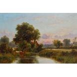 HENRY MAIDMENT (acct. 1889-1914) (R. FENSON) Cattle Watering At Sunset Oil on canvas Signed R.