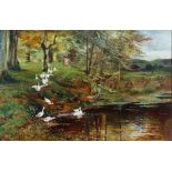 JOHN IRELAND Taking Ducks To Water Oil on canvas Signed and dated 1880 Framed Picture size 40 x 63cm