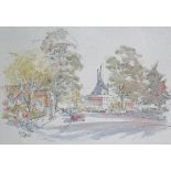 ANTONY WARREN (XX-XXI) Street Scene With Church Watercolour and pen Signed Framed and glazed Picture