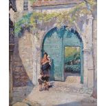 JULES ALFRED HERVE-MATHE (1868-1953) Waiting At The Courtyard Door Oil on canvas Signed Framed