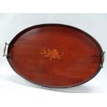 Circa 1800 oval tray - A mahogany foliate inlaid oval tray with shaped brass carry handles, height