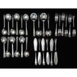 A six place silver plated fish serving set, together with twelve desserts spoons and four dessert