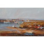 RUSSELL HOLLAND Newlyn Harbour Oil on canvas Signed and dated 90 Framed Picture size 50 x 75.5cm
