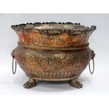 Regency brass coal bucket - An embossed brass oval coal bucket with lion mask handles and standing