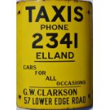 Vitreous Enamel advertising sign - 'Taxis - Phone 2341 Elland - Cars for all Occasions - GW Clarkson