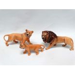 Beswick animals - A lion, height 14cm, length 23cm, a lioness and a lion cub, all hand painted 95.