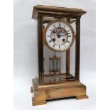 A tall brass cased four glass French clock - An open 8 day escapement, enamel dial, colour