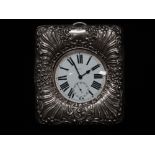 Goliath silver pocket watch stand - An ornate hallmarked silver easel stand, together with a top