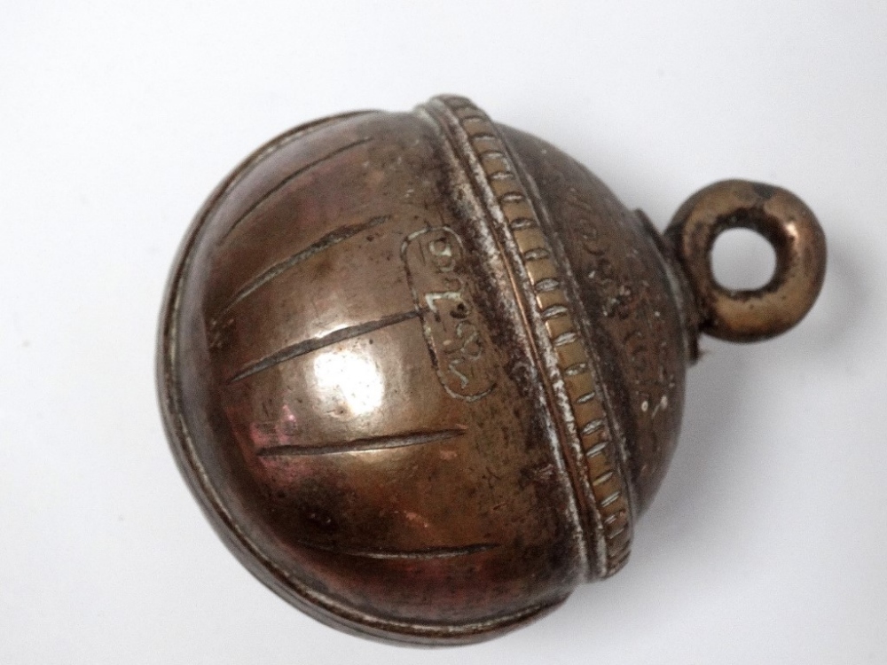 Indian 19th century brass crotal bells - One with Sanskrit inscription, both approximately - Image 5 of 5