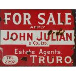 Vitreous enamel advertising sign - Double sided, formerly wall mounted, 'FOR SALE apply JOHN