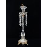 Early 20th century cut glass table lamp with lustres - With octagonal column, hobnail decorated