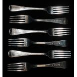 Six silver dessert forks, London 1858, maker's mark for SMDC?, weight 258g.