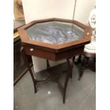Bijouterie table - 19th century mahogany octagonal crossbanded and strung glass top collector's