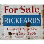Wall mounted, double sided, Vitreous Enamel advertising sign - 'For Sale, Richeards, Central Square,