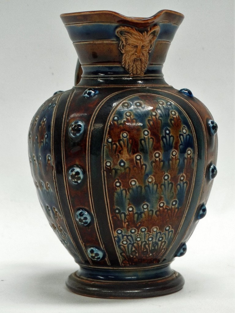 Doulton Lambeth - An 1871 glazed and prunt decorated jug with mask under spout, height 14.5cm, - Image 3 of 9
