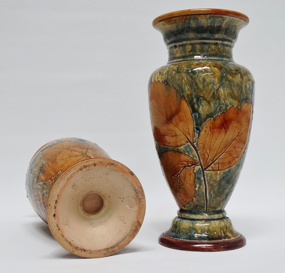 Doulton Lambeth - A pair of Leafware baluster vases, No.r00 and maker's mark ER to base, height 22. - Image 3 of 7