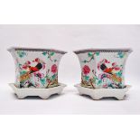 19th century Chinese jardinieres - A pair of hexagonal jardinieres on stands, each painted with