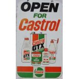 Double sided garage advertising sign - 'OPEN FOR Castrol' plus polychrome pictorial illustrations