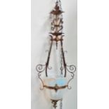 19th century vaseline glass and brass pendant light - An ornate light fitting with large dappled