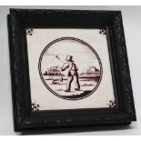 Delft - A Dutch manganese framed tile of a shepherd boy and sheep, overall size 17.5 x 17.5cm.