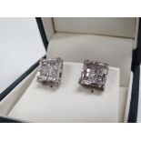 Large diamond earrings - A pair of 18ct white gold squared diamond earrings of 2ct approximately,