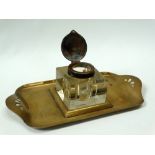 Art Nouveau - A brass and glass standish/desk stand with inkwell and pen rest, length 21.5cm,