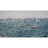 ELSIE MAY BARRATT (1915-1999) Boats In Poole Harbour Oil on board Signed Framed Picture size 44 x
