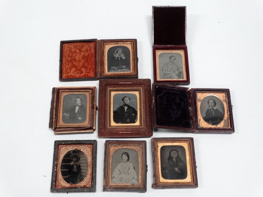 Eight ninth-plate ambrotype portraits, miscellaneous subjects and cases. (8)