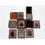 Eight ninth-plate ambrotype portraits, miscellaneous subjects and cases. (8)