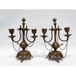 Brass candelabra - A pair of twin branch pedestal brass candelabra with cast decoration and each