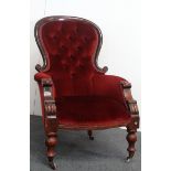 Pair of Victorian library chairs - Spoon back chairs with button back upholstery, with walnut