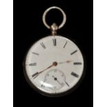 Silver fusee pocket watch - A silver cased open face pocket watch with fusee movement, diamond to