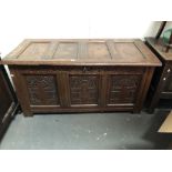 17th century and later coffer - With carved three panel front and lunettes of dowel construction,