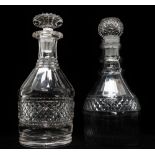 Two slab sided early 19th century glass decanters - A three ring cut glass decanter with slab cut
