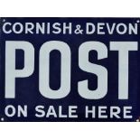 Vitreous Enamel advertising sign - 'CORNISH & DEVON POST ON SALE HERE', white on navy blue,