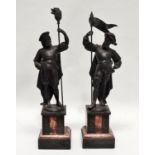 19th century spelter figures on plinths - Two Tudor figures, one with a pennant, the other with a