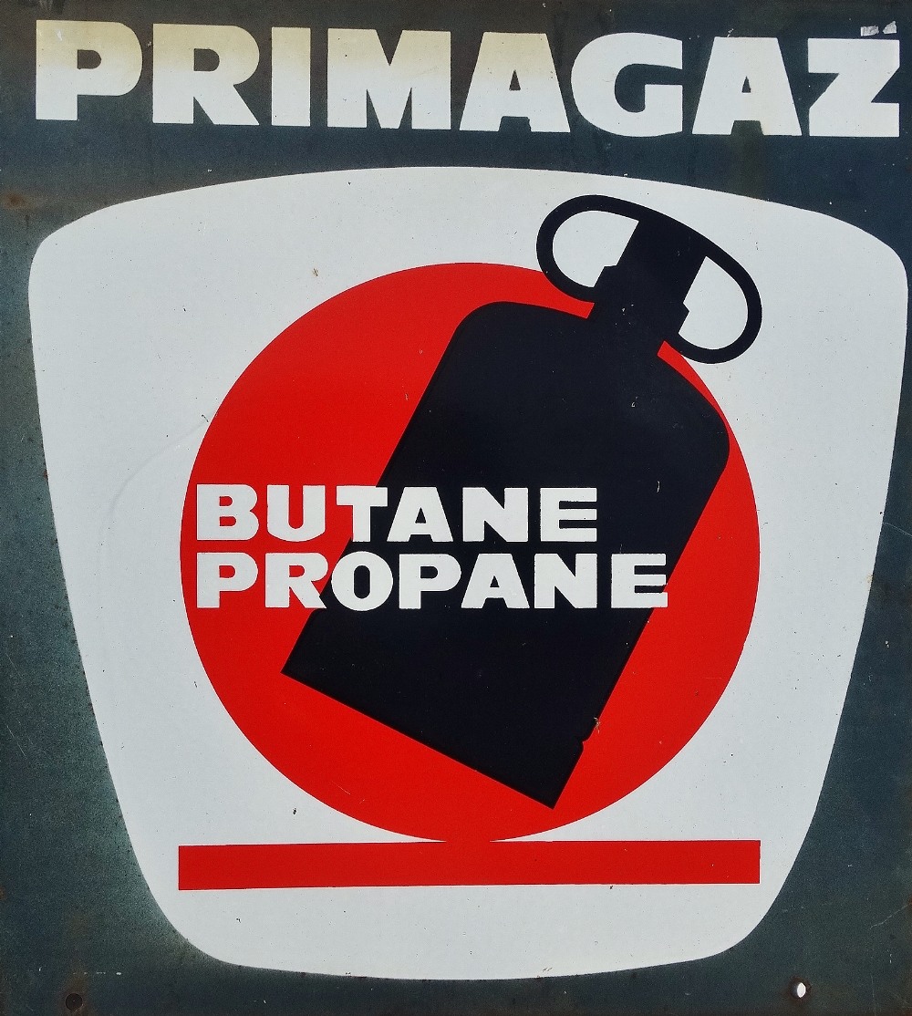 Wall mounted, double sided Vitreous Enamel advertising sign - 'PRIMAGAZ BUTANE PROPANE' showing a