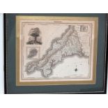Cornish Copper Engraving - Map - Fisher, Son & Co. London 1832, a hand coloured map of Cornwall in a