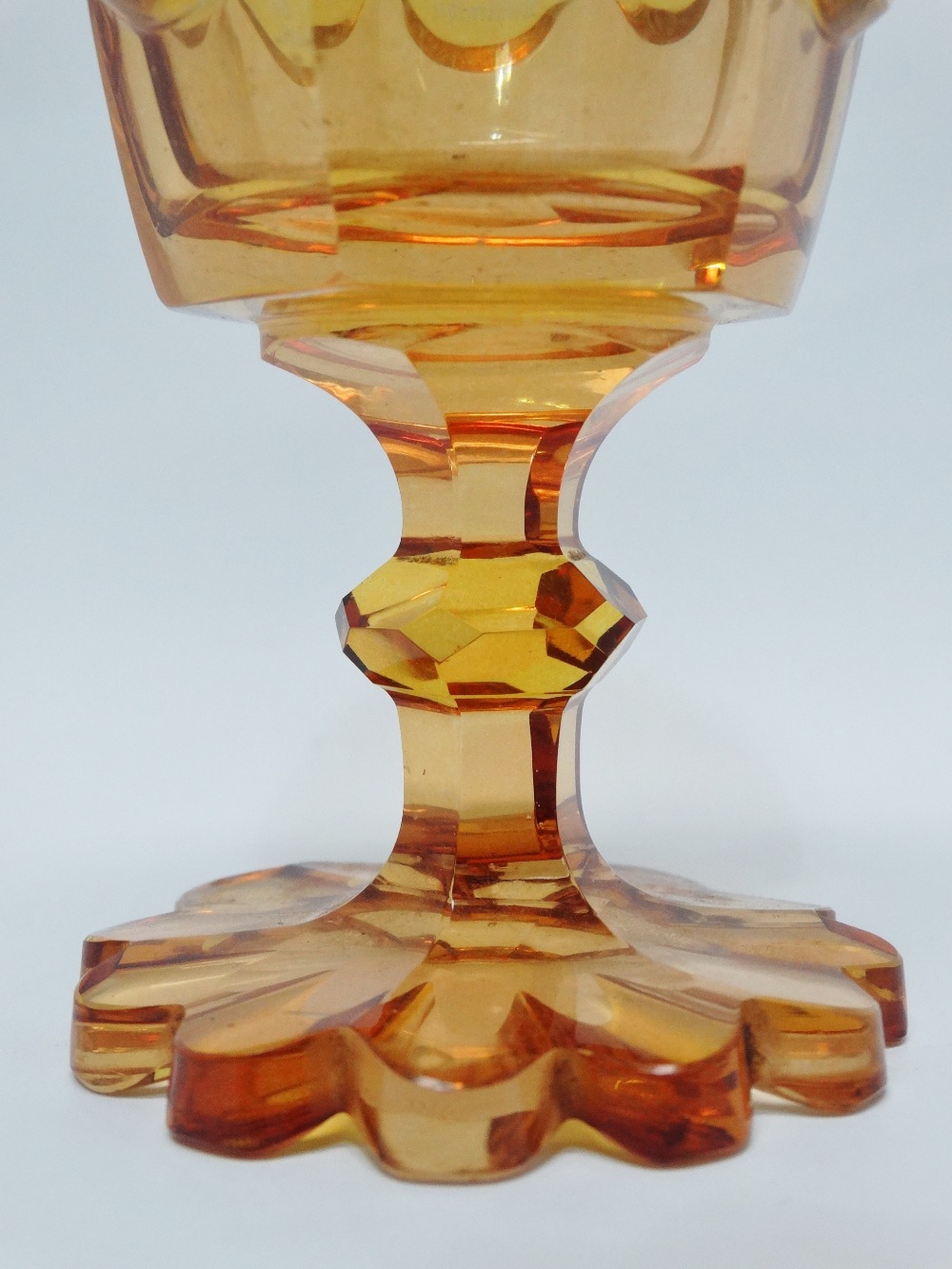 Bohemian Glass - An amber pedestal goblet with flush cut vignettes of Chateau d'Eberltein and four - Image 3 of 6